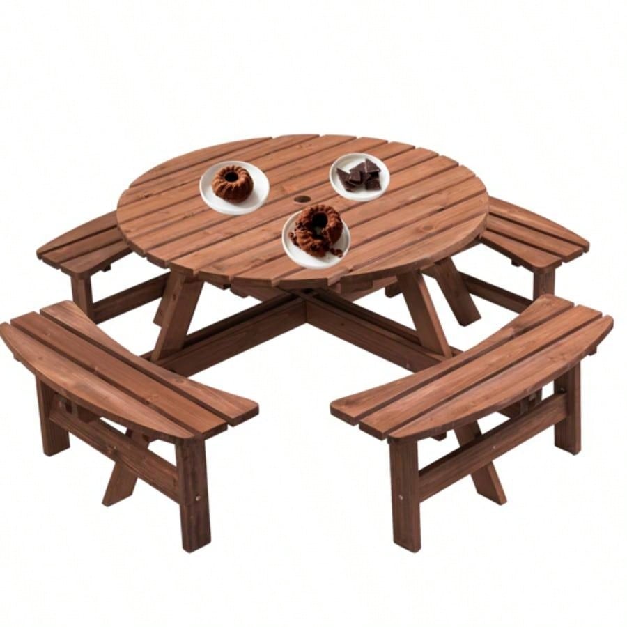 8 - Person Outdoor Circular Wooden Picnic Table with 4 Built - in Benches Patio Backyard Garden, Brown
