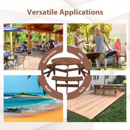 6 - Person Outdoor Circular Wooden Picnic Table with 3 Built - in Benches Patio Backyard Garden, Brown
