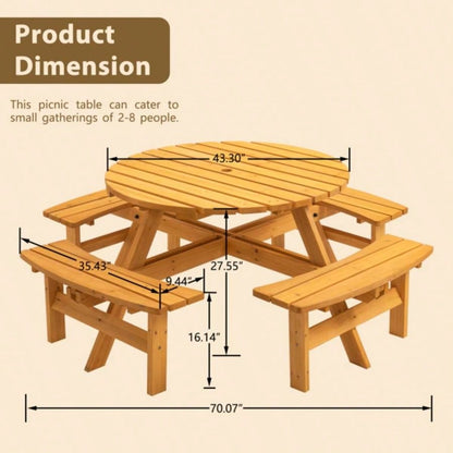 8 - Person Outdoor Circular Wooden Picnic Table with 4 Built - in Benches Patio Backyard Garden, Natural