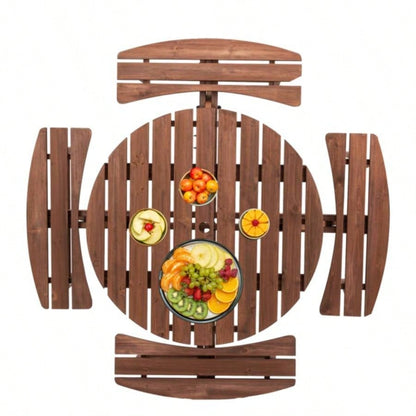 8 - Person Outdoor Circular Wooden Picnic Table with 4 Built - in Benches Patio Backyard Garden, Brown