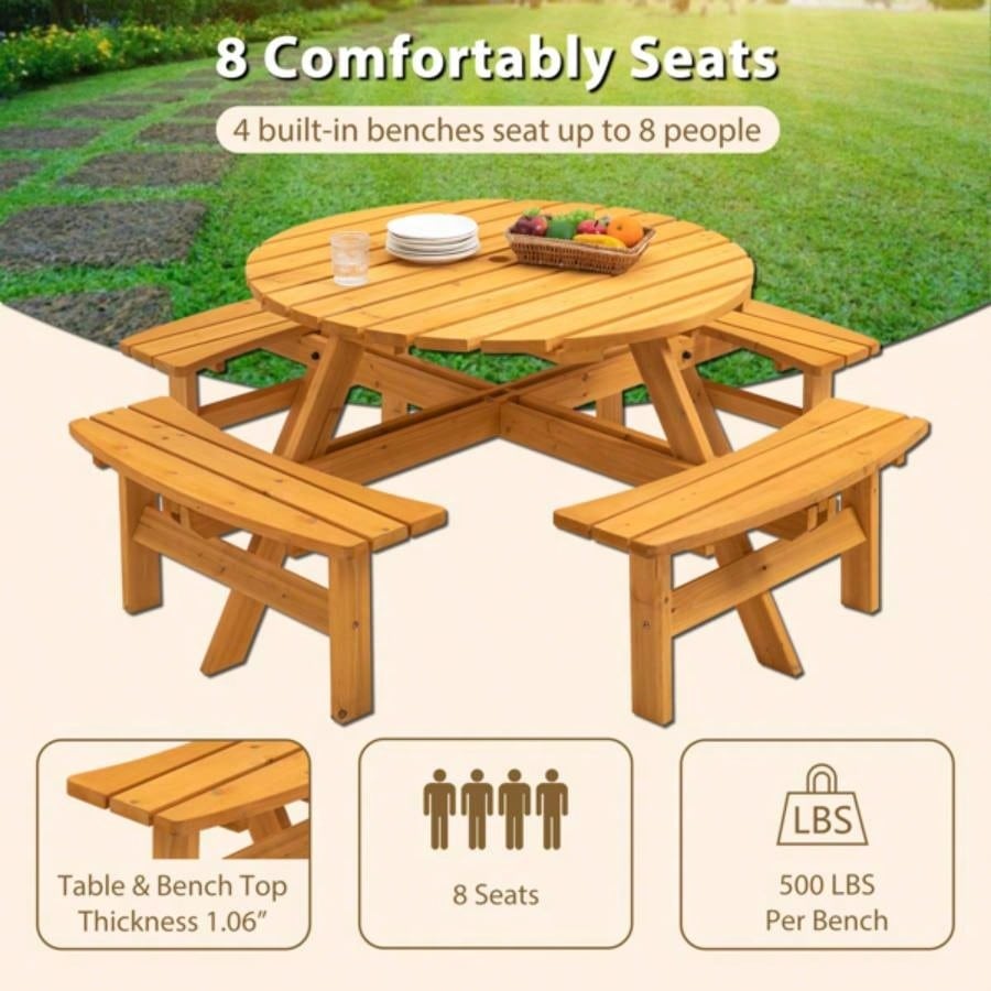 8 - Person Outdoor Circular Wooden Picnic Table with 4 Built - in Benches Patio Backyard Garden, Natural