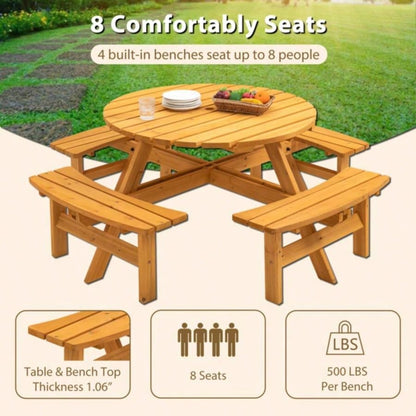 8 - Person Outdoor Circular Wooden Picnic Table with 4 Built - in Benches Patio Backyard Garden, Natural