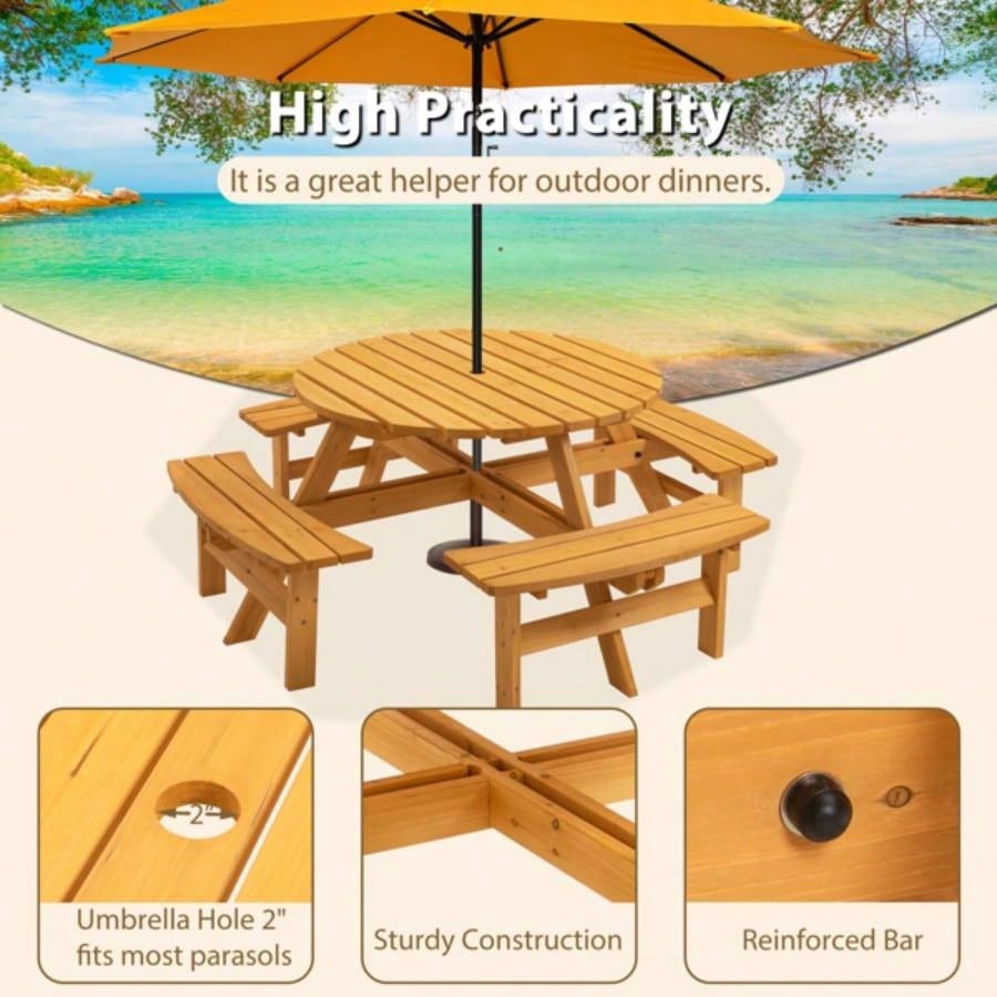 8 - Person Outdoor Circular Wooden Picnic Table with 4 Built - in Benches Patio Backyard Garden, Natural