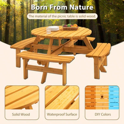 8 - Person Outdoor Circular Wooden Picnic Table with 4 Built - in Benches Patio Backyard Garden, Natural