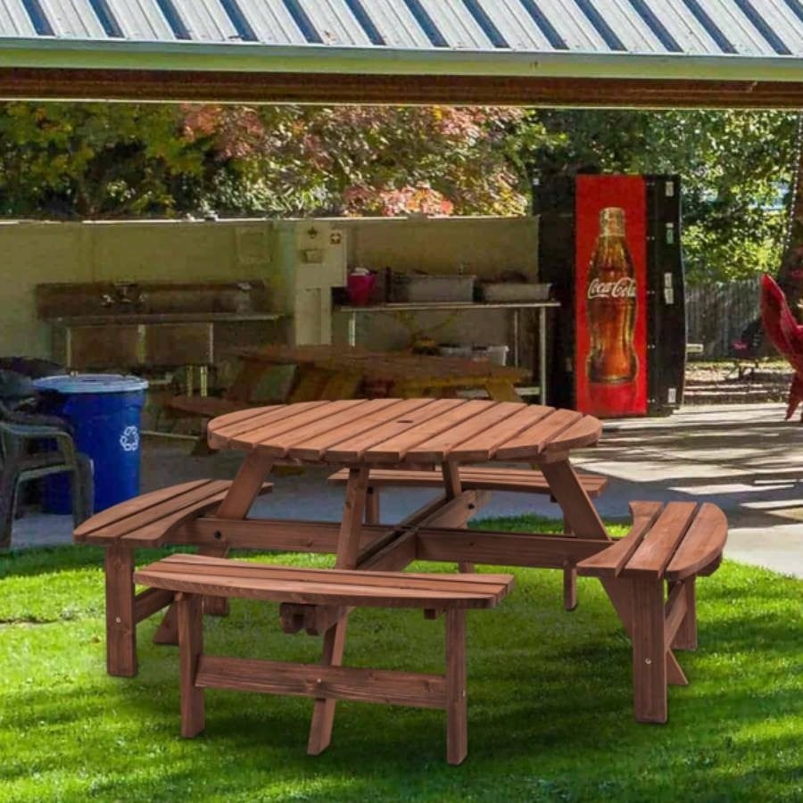 8 - Person Outdoor Circular Wooden Picnic Table with 4 Built - in Benches Patio Backyard Garden, Brown