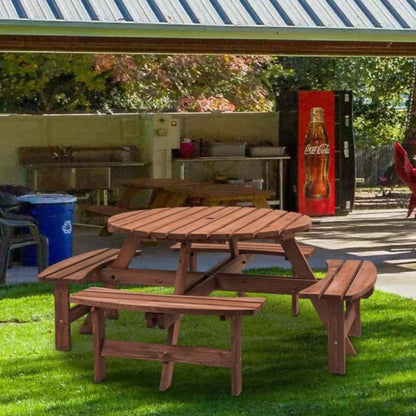 8 - Person Outdoor Circular Wooden Picnic Table with 4 Built - in Benches Patio Backyard Garden, Brown