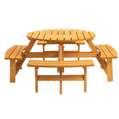 8 - Person Outdoor Circular Wooden Picnic Table with 4 Built - in Benches Patio Backyard Garden, Natural