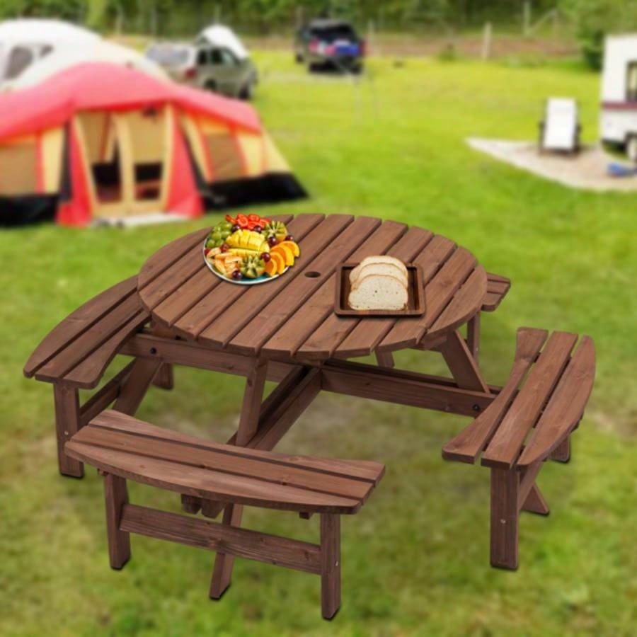 8 - Person Outdoor Circular Wooden Picnic Table with 4 Built - in Benches Patio Backyard Garden, Brown