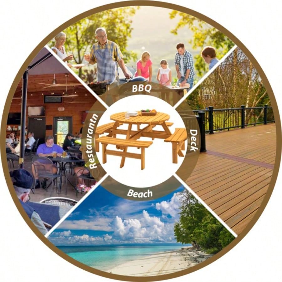 8 - Person Outdoor Circular Wooden Picnic Table with 4 Built - in Benches Patio Backyard Garden, Natural