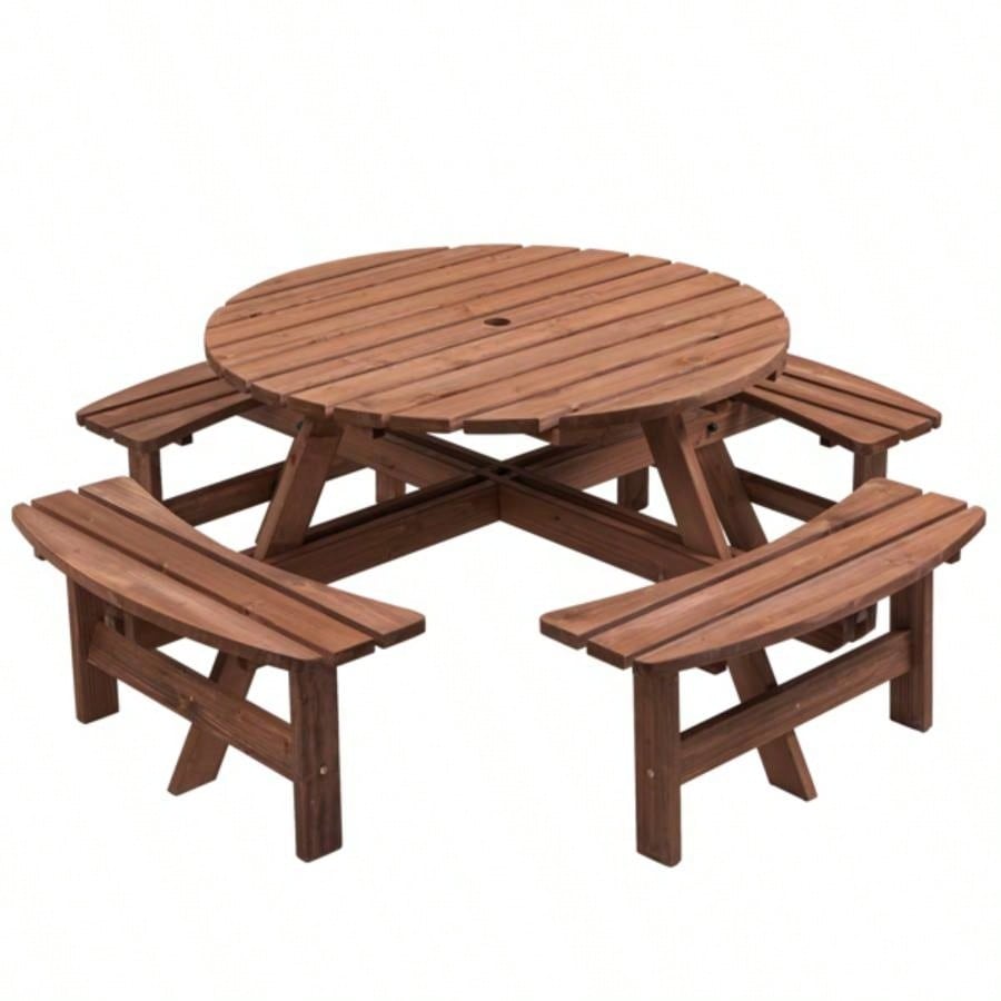 8 - Person Outdoor Circular Wooden Picnic Table with 4 Built - in Benches Patio Backyard Garden, Brown