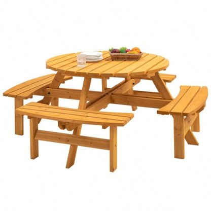 8 - Person Outdoor Circular Wooden Picnic Table with 4 Built - in Benches Patio Backyard Garden, Natural