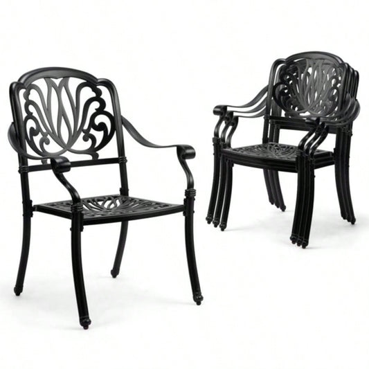 Patio Chairs Set of 2 - Stackable Outdoor Cast Aluminum Dining Chairs with Vintage Black and Floral pattern, Metal Armchairs Poolside, Backyard, Balcony No cushion