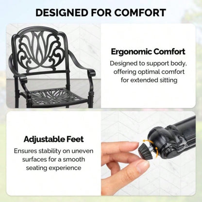 Patio Chairs Set of 2 - Stackable Outdoor Cast Aluminum Dining Chairs with Vintage Black and Floral pattern, Metal Armchairs Poolside, Backyard, Balcony No cushion