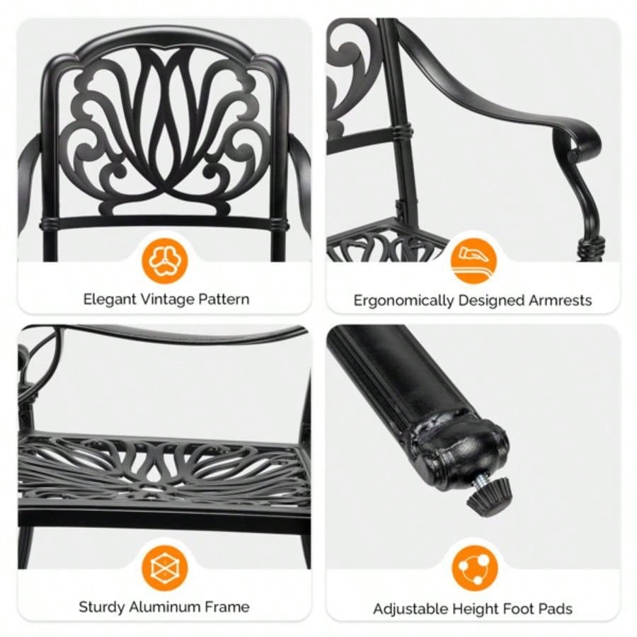 Patio Chairs Set of 2 - Stackable Outdoor Cast Aluminum Dining Chairs with Vintage Black and Floral pattern, Metal Armchairs Poolside, Backyard, Balcony No cushion