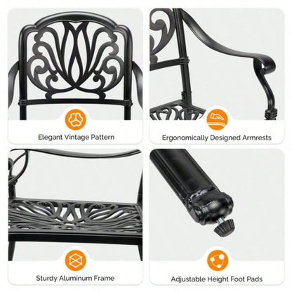 Patio Chairs Set of 2 - Stackable Outdoor Cast Aluminum Dining Chairs with Vintage Black and Floral pattern, Metal Armchairs Poolside, Backyard, Balcony No cushion