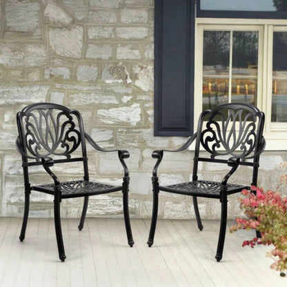 Patio Chairs Set of 2 - Stackable Outdoor Cast Aluminum Dining Chairs with Vintage Black and Floral pattern, Metal Armchairs Poolside, Backyard, Balcony No cushion