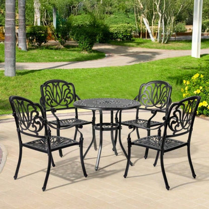 Patio Chairs Set of 2 - Stackable Outdoor Cast Aluminum Dining Chairs with Vintage Black and Floral pattern, Metal Armchairs Poolside, Backyard, Balcony No cushion
