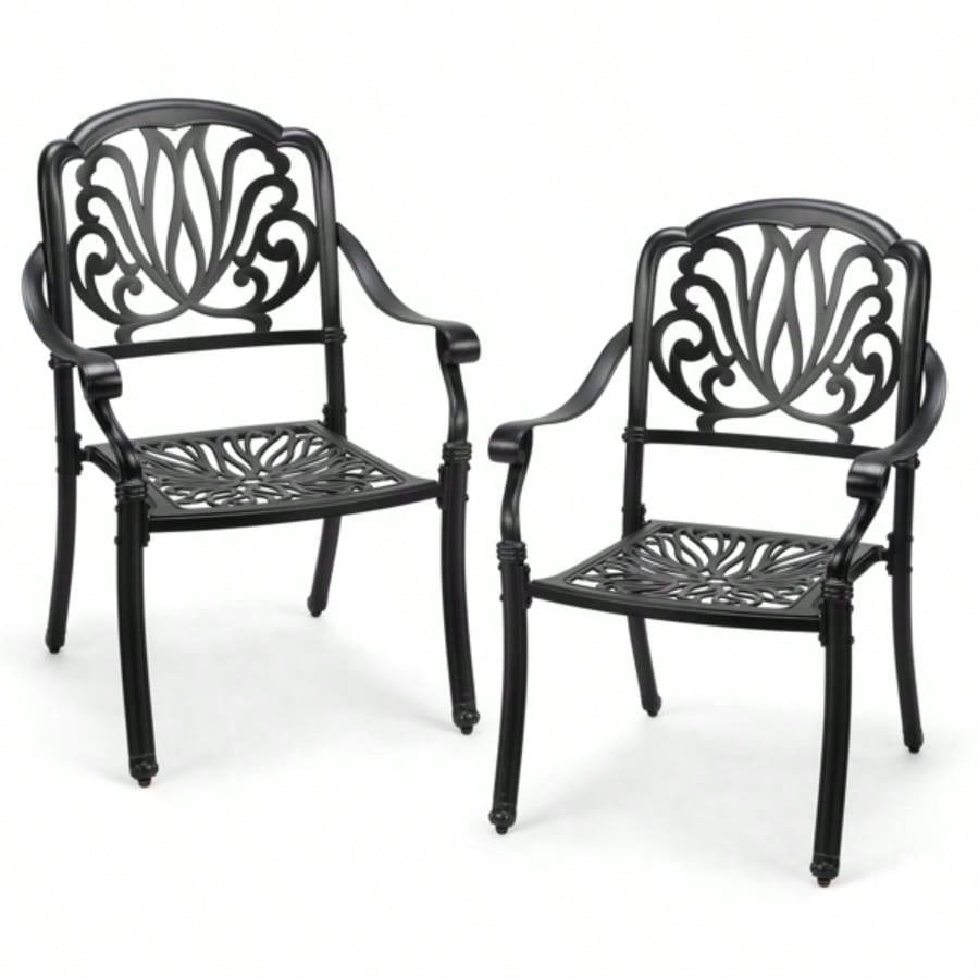 Patio Chairs Set of 2 - Stackable Outdoor Cast Aluminum Dining Chairs with Vintage Black and Floral pattern, Metal Armchairs Poolside, Backyard, Balcony No cushion