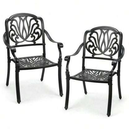 Patio Chairs Set of 2 - Stackable Outdoor Cast Aluminum Dining Chairs with Vintage Black and Floral pattern, Metal Armchairs Poolside, Backyard, Balcony No cushion