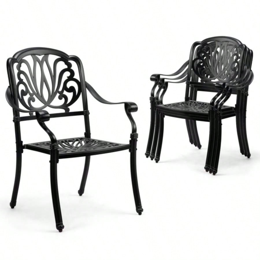 Patio Chairs Set of 2 - Stackable Outdoor Cast Aluminum Dining Chairs with Vintage Black and Floral pattern, Metal Armchairs Poolside, Backyard, Balcony No cushion