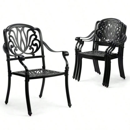 Patio Chairs Set of 2 - Stackable Outdoor Cast Aluminum Dining Chairs with Vintage Black and Floral pattern, Metal Armchairs Poolside, Backyard, Balcony No cushion