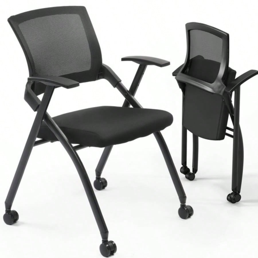 2 Pack Stackable Conference Room Chairs with Wheels, Folding Office Chair with Rebound Back, Padded Training Room, Guest, Reception, Event, Capacity 350lbs, Black