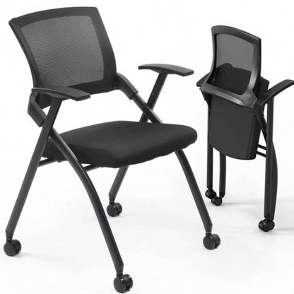 2 Pack Stackable Conference Room Chairs with Wheels, Folding Office Chair with Rebound Back, Padded Training Room, Guest, Reception, Event, Capacity 350lbs, Black