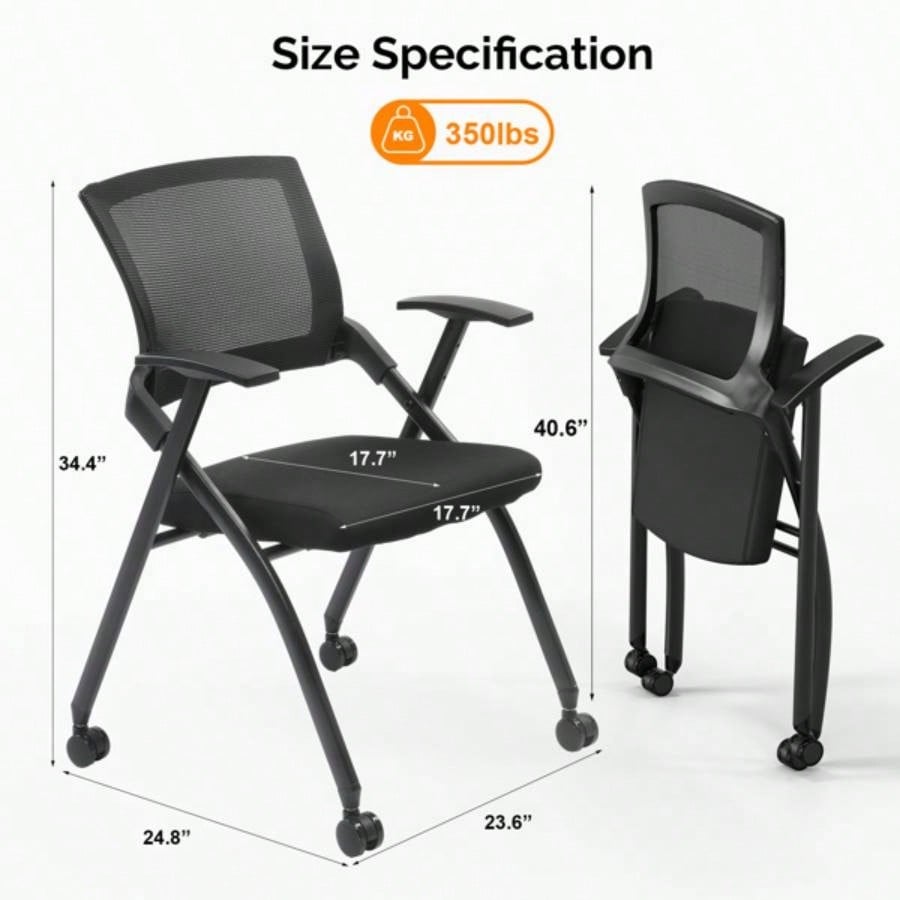 2 Pack Stackable Conference Room Chairs with Wheels, Folding Office Chair with Rebound Back, Padded Training Room, Guest, Reception, Event, Capacity 350lbs, Black