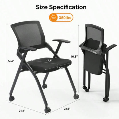 2 Pack Stackable Conference Room Chairs with Wheels, Folding Office Chair with Rebound Back, Padded Training Room, Guest, Reception, Event, Capacity 350lbs, Black