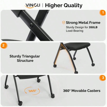 2 Pack Stackable Conference Room Chairs with Wheels, Folding Office Chair with Rebound Back, Padded Training Room, Guest, Reception, Event, Capacity 350lbs, Black