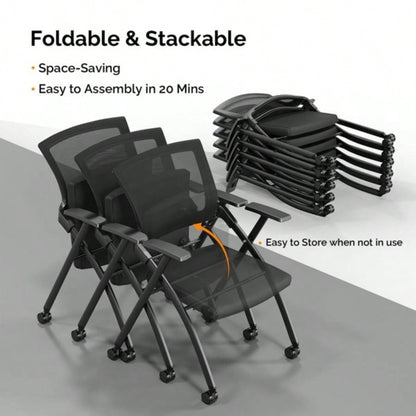 2 Pack Stackable Conference Room Chairs with Wheels, Folding Office Chair with Rebound Back, Padded Training Room, Guest, Reception, Event, Capacity 350lbs, Black