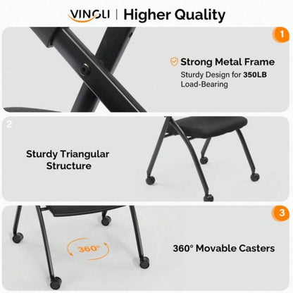 1 Pack Stackable Conference Room Chairs with Wheels, Folding Office Chair with Rebound Back, Padded Training Room, Guest, Reception, Event, Capacity 350lbs, Black