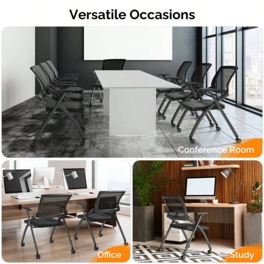 1 Pack Stackable Conference Room Chairs with Wheels, Folding Office Chair with Rebound Back, Padded Training Room, Guest, Reception, Event, Capacity 350lbs, Black