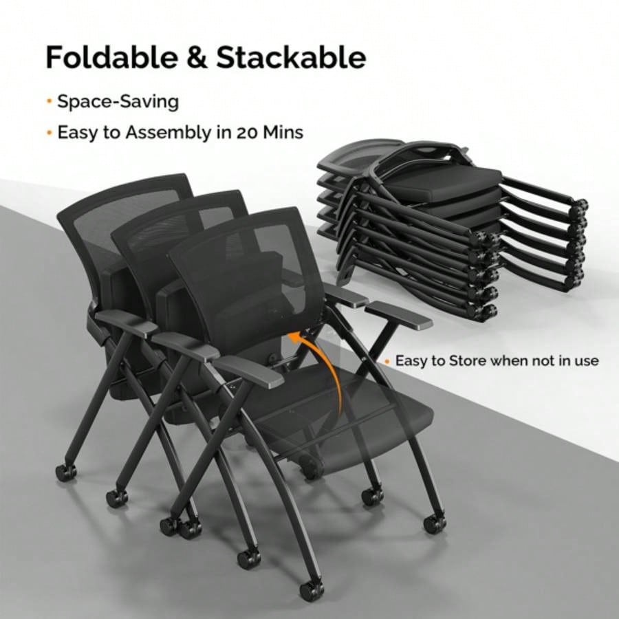 1 Pack Stackable Conference Room Chairs with Wheels, Folding Office Chair with Rebound Back, Padded Training Room, Guest, Reception, Event, Capacity 350lbs, Black