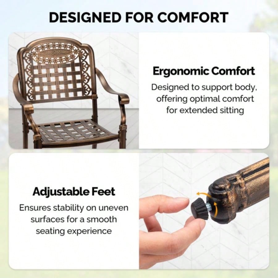 Patio Chairs Set of 2 - Stackable Outdoor Cast Aluminum Dining Chairs with Vintage Bronze and Plaid Pattern, Metal Armchairs Poolside, Backyard, Balcony No cushion