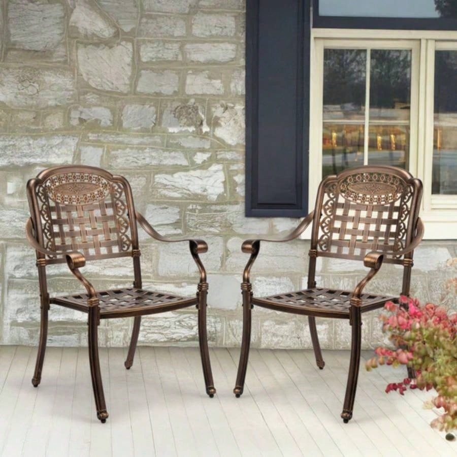 Patio Chairs Set of 2 - Stackable Outdoor Cast Aluminum Dining Chairs with Vintage Bronze and Plaid Pattern, Metal Armchairs Poolside, Backyard, Balcony No cushion