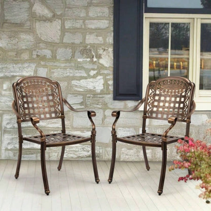 Patio Chairs Set of 2 - Stackable Outdoor Cast Aluminum Dining Chairs with Vintage Bronze and Plaid Pattern, Metal Armchairs Poolside, Backyard, Balcony No cushion