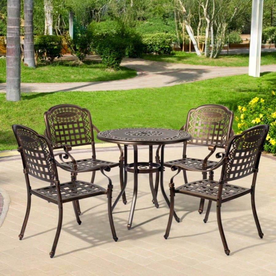 Patio Chairs Set of 2 - Stackable Outdoor Cast Aluminum Dining Chairs with Vintage Bronze and Plaid Pattern, Metal Armchairs Poolside, Backyard, Balcony No cushion
