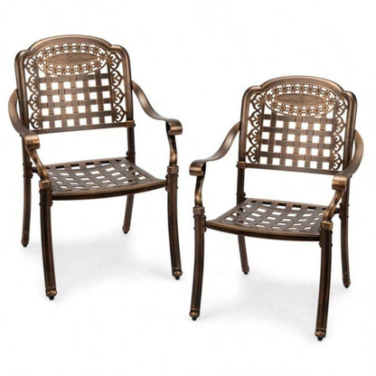 Patio Chairs Set of 2 - Stackable Outdoor Cast Aluminum Dining Chairs with Vintage Bronze and Plaid Pattern, Metal Armchairs Poolside, Backyard, Balcony No cushion