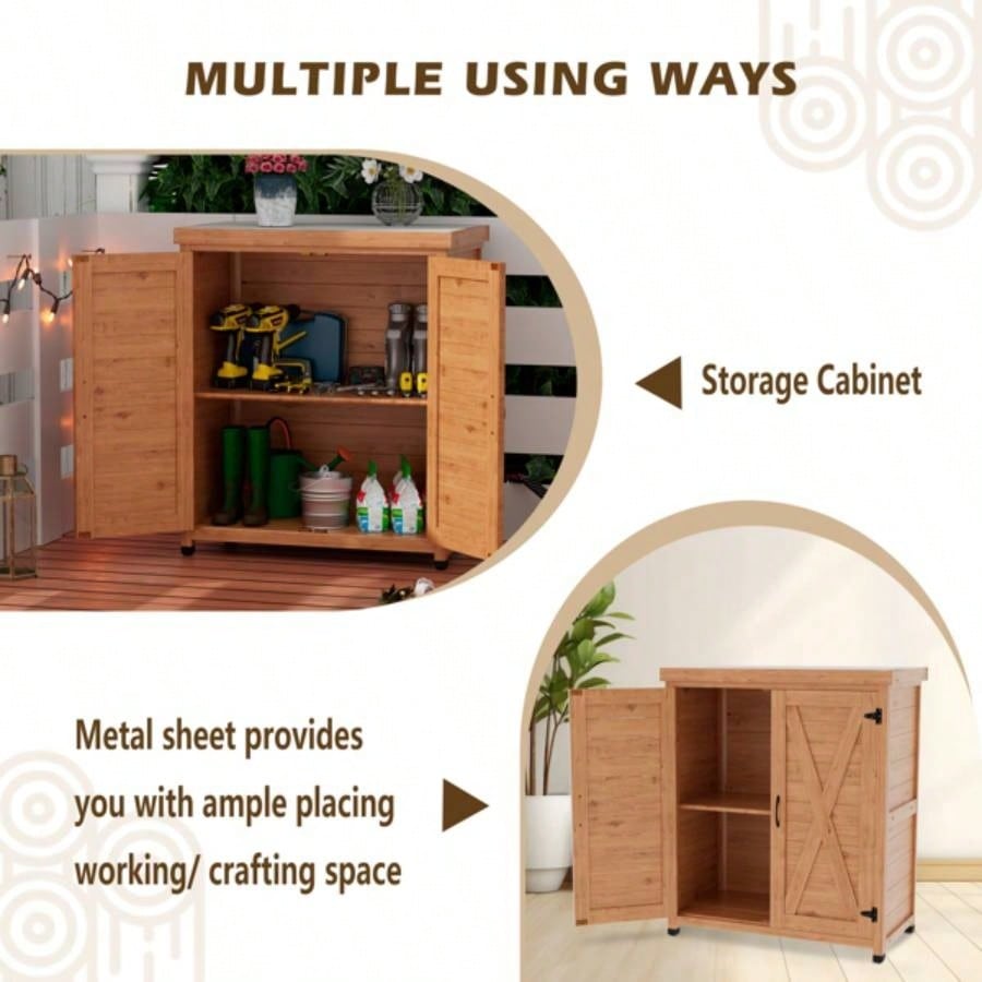 Potting with Storage Cabinet and Metal Table Top Outdoor Patio, Outdoor Work Station Table