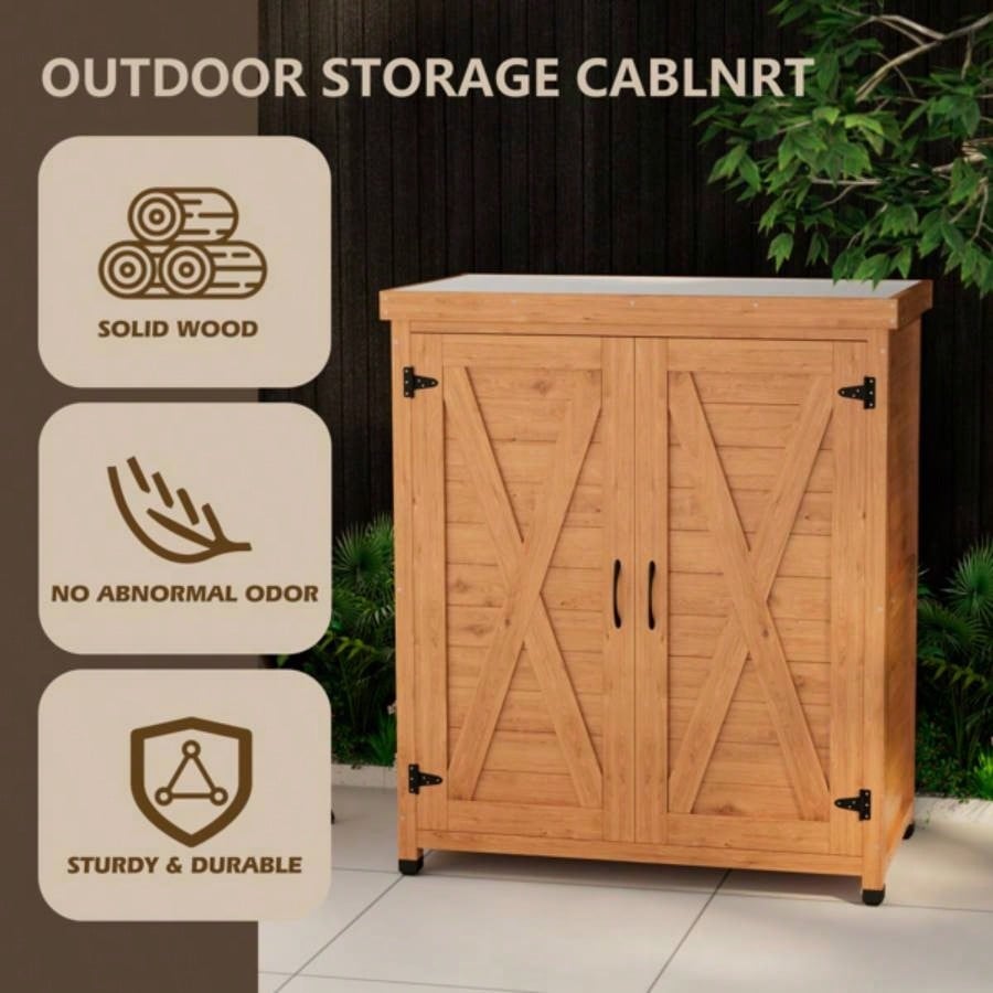 Potting with Storage Cabinet and Metal Table Top Outdoor Patio, Outdoor Work Station Table