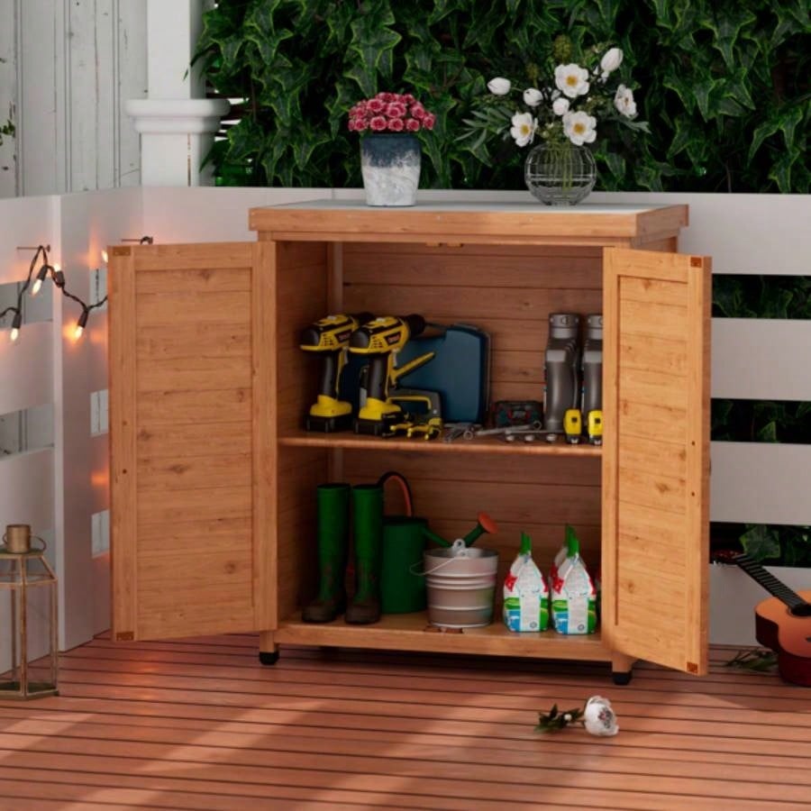 Potting with Storage Cabinet and Metal Table Top Outdoor Patio, Outdoor Work Station Table