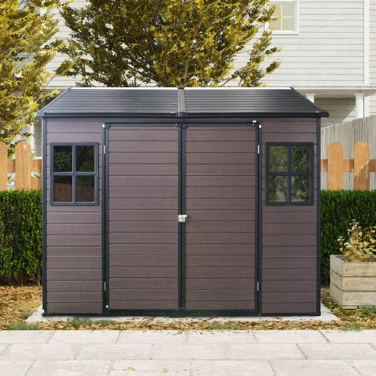 8x 6 ft Resin Outdoor Storage Shed Waterproof Shed with Floor Two Lockable Door, Shed Garden, Patio, Backyard Brown