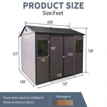8x 6 ft Resin Outdoor Storage Shed Waterproof Shed with Floor Two Lockable Door, Shed Garden, Patio, Backyard Brown