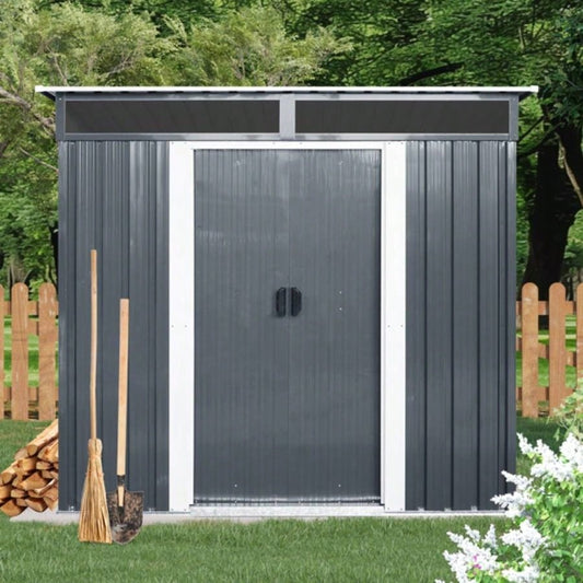 6ftx 5ft Outdoor Metal Storage Shed with Window and Transparent plate Garden, Lawn Black and White
