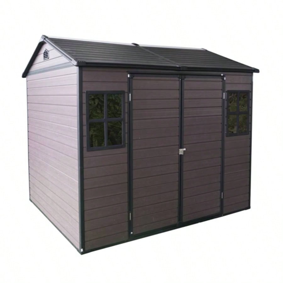 8x 6 ft Resin Outdoor Storage Shed Waterproof Shed with Floor Two Lockable Door, Shed Garden, Patio, Backyard Brown