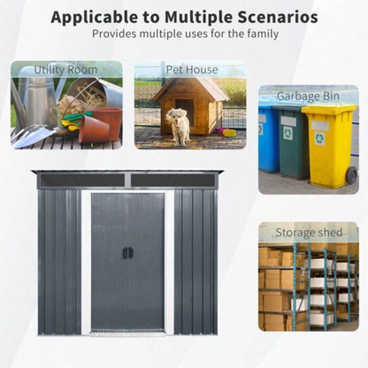 6ftx 5ft Outdoor Metal Storage Shed with Window and Transparent plate Garden, Lawn Black and White