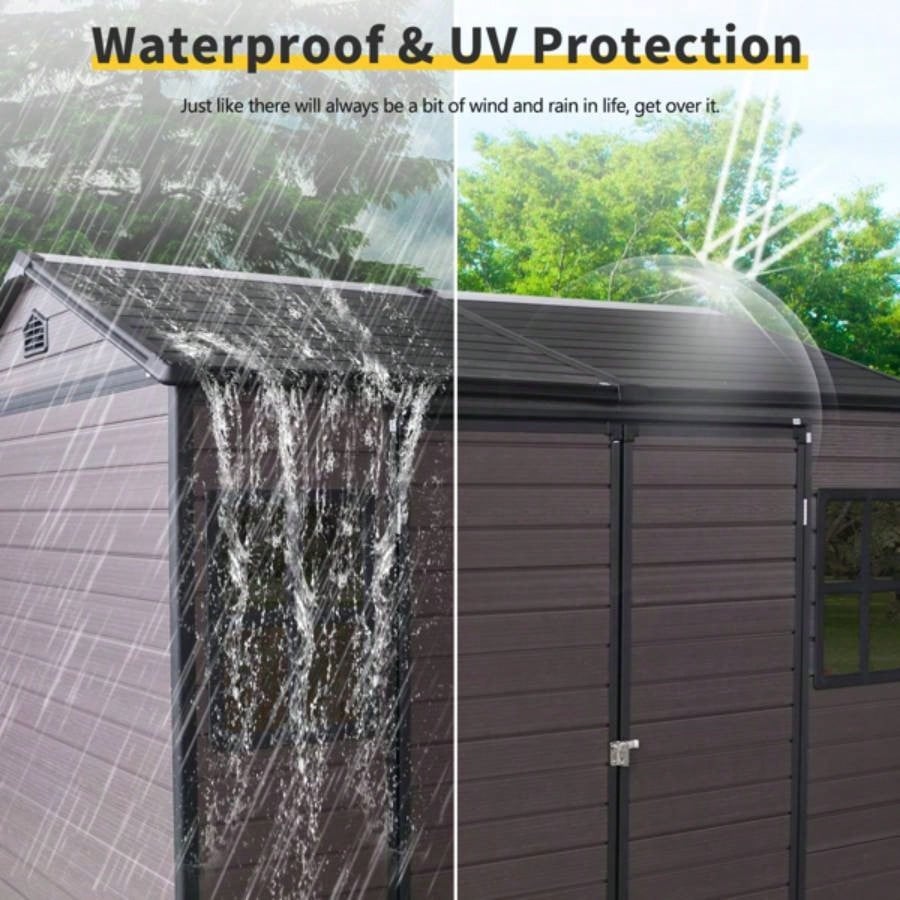 8x 6 ft Resin Outdoor Storage Shed Waterproof Shed with Floor Two Lockable Door, Shed Garden, Patio, Backyard Brown