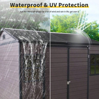 8x 6 ft Resin Outdoor Storage Shed Waterproof Shed with Floor Two Lockable Door, Shed Garden, Patio, Backyard Brown