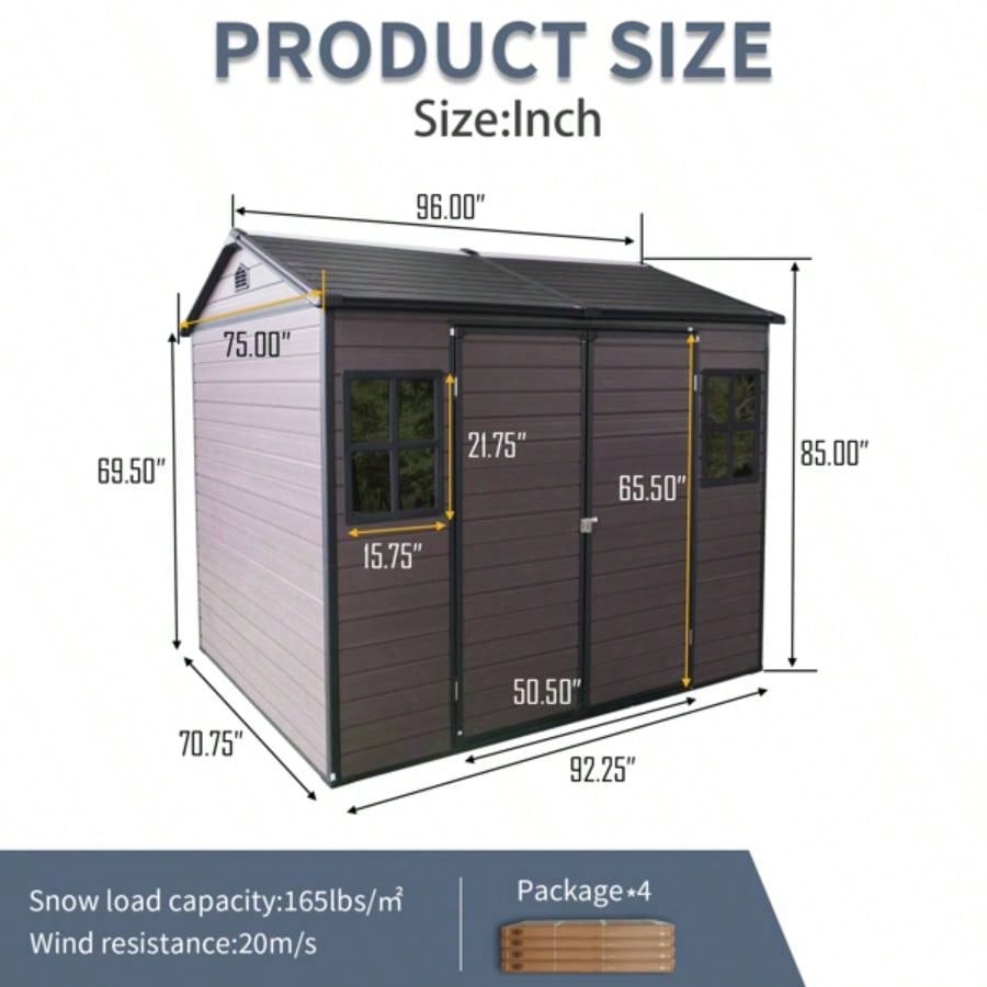 8x 6 ft Resin Outdoor Storage Shed Waterproof Shed with Floor Two Lockable Door, Shed Garden, Patio, Backyard Brown
